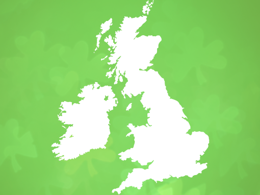 Map of the UK and Ireland on a green background, symbolizing IT support services for businesses in these regions.